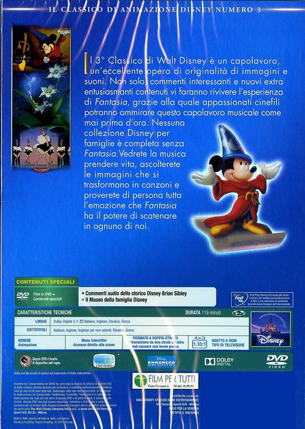 イタリア語で観るディズニー映画 アニメ Disneyの ファンタジア コレクション 3 Dvd Fantasia Micky ミッキーマウス Leopold Stokowski James Algar Antiquarium Milano