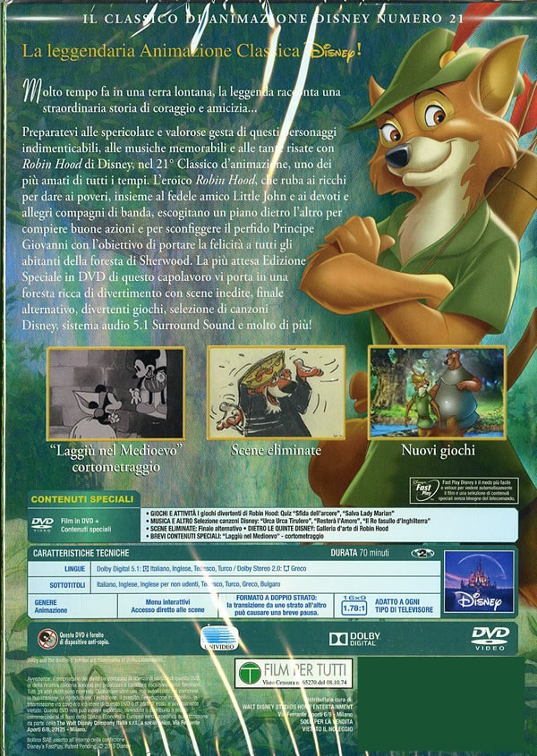 イタリア語で観るディズニー映画 アニメ Disneyの ロビン フッド Dvd コレクション 21 Robin Hood Micky ミッキーマウス Wolfgang Reitherman Antiquarium Milano