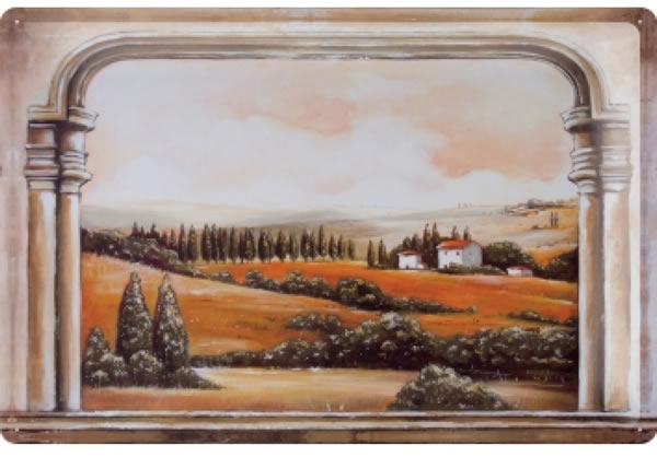 画像1: アンティーク風サインプレート　イタリア　トスカーナの夕暮れ風景　窓から Tramonto　30ｘ20cm【カラー・オレンジ】