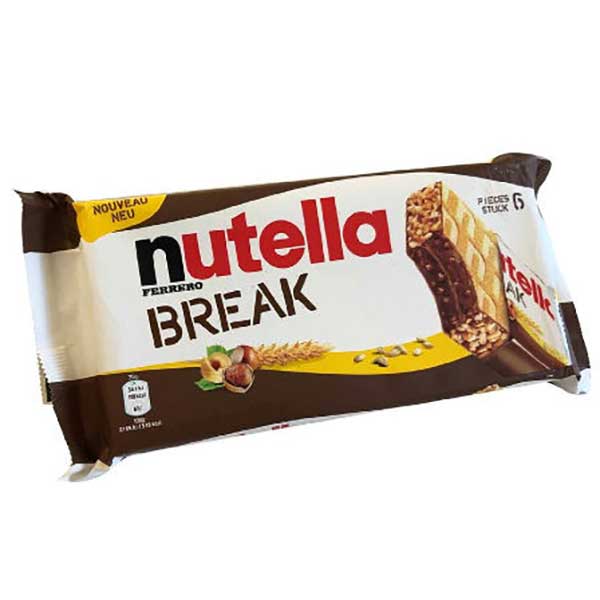 Nutella Break：薄いウエハース3層にヌテッラとポップコーンが挟まれ、チョコレートでコーティングされたバー（イタリアでは販売されていません）。