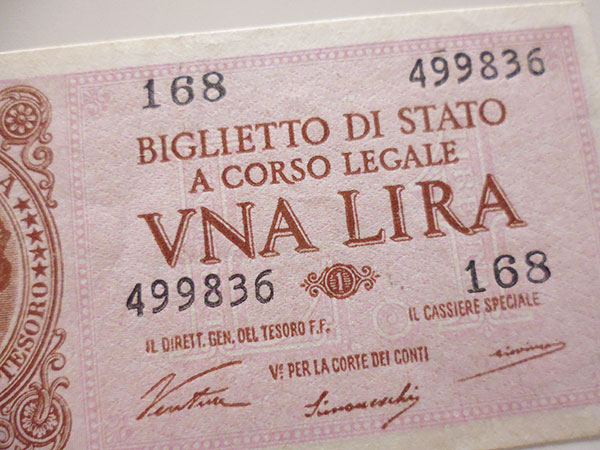 画像3: イタリア国家統一直前、イタリア王国時代の1リラ紙幣【カラー・グリーン】【カラー・ワイン】