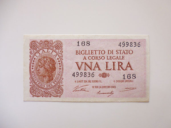 画像1: イタリア国家統一直前、イタリア王国時代の1リラ紙幣【カラー・グリーン】【カラー・ワイン】