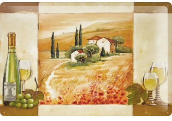 画像1: アンティーク風サインプレート　イタリア　トスカーナの景色　白ワイン　30ｘ20cm【カラー・マルチ】 (1)