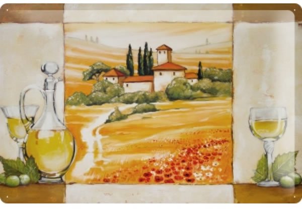 画像1: アンティーク風サインプレート　イタリア　トスカーナの景色　白ワイン デカンタ　30ｘ20cm【カラー・マルチ】 (1)