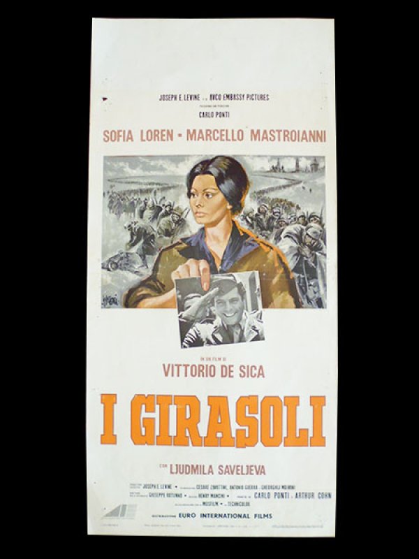 画像1: イタリア　映画　アンティークポスター　 I girasoli（1970年）ひまわり ヴィットリオ・デ・シーカ マルチェロ・マストロヤンニ ソフィア・ローレン 33 x 70 cm locandine (1)