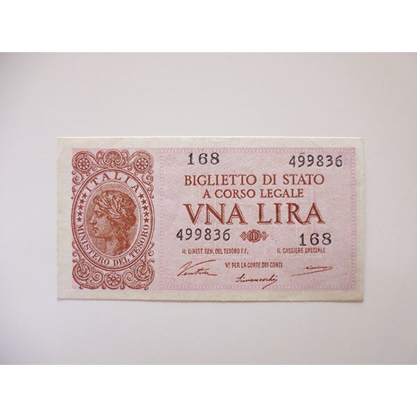 画像1: イタリア国家統一直前、イタリア王国時代の1リラ紙幣【カラー・グリーン】【カラー・ワイン】 (1)